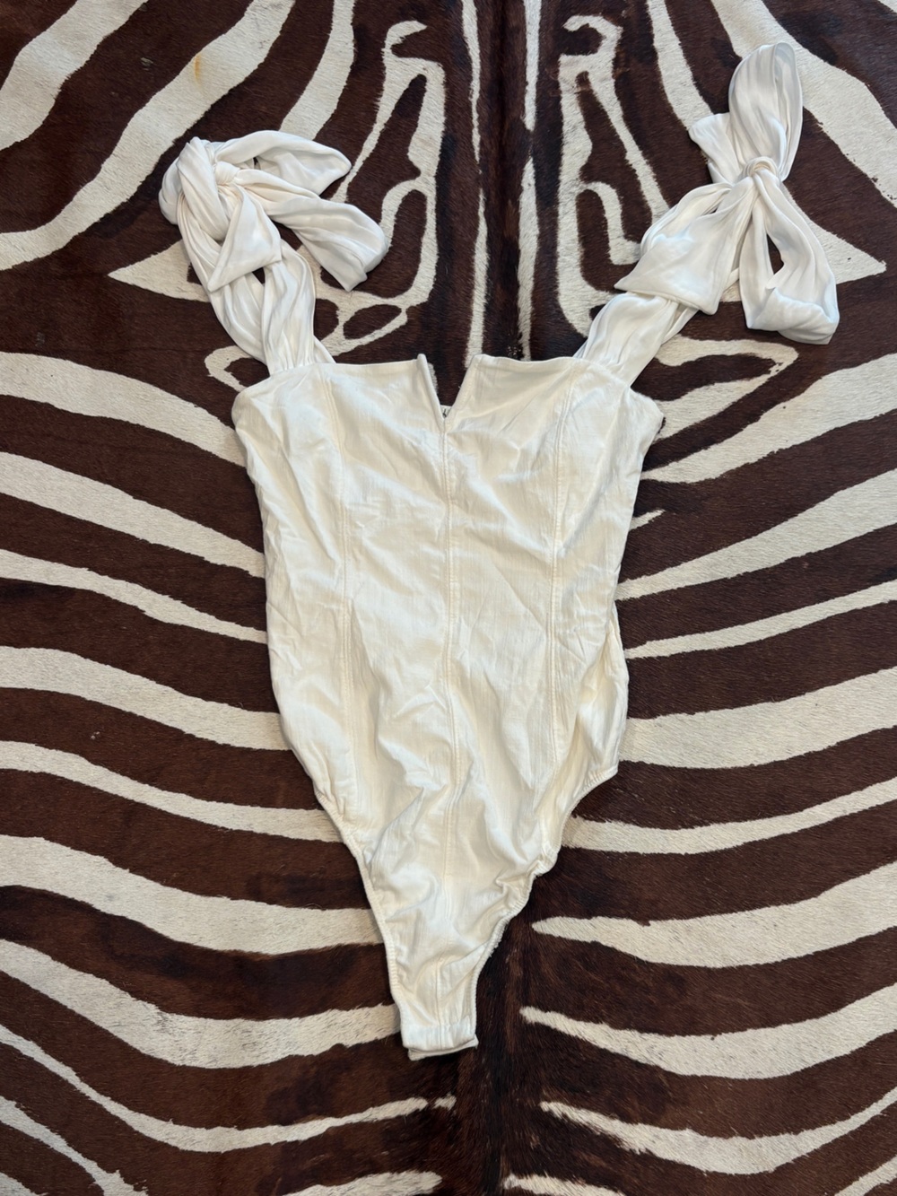 Free People Ivory Tie-Shoulder Ribbed Bodysuit